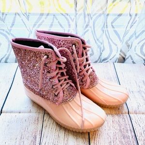 Pink glitter lace up duck boots